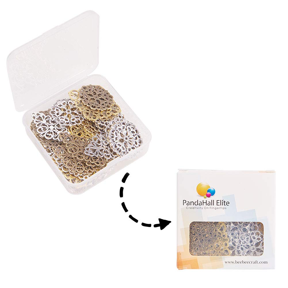 PH PandaHall 40pcs Filigree Connectors, 3 Color Rhombus Flower Charms Hollow Pendants Tibetan Metal Filigree Embellishments for DIY Hairpin Headwear Earring Necklace Jewelry Making