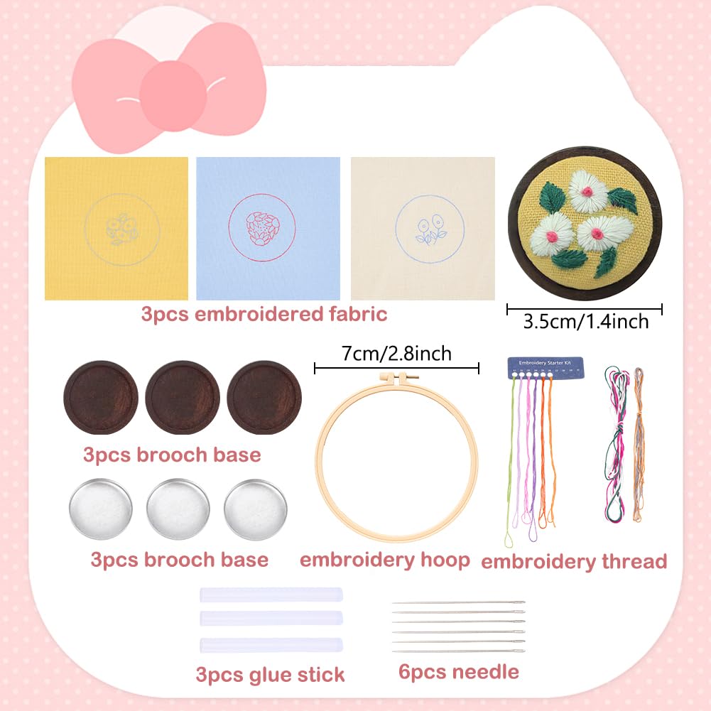 WEBEEDY 3 Sets Flower Brooches Embroidery Kit DIY Hand Sewing Kit for Beginners,Embroidery Stitch Kit for Adults Women Ladies with Embroideries Pattern and Instruction Wedding Party Brooch Pin Gift