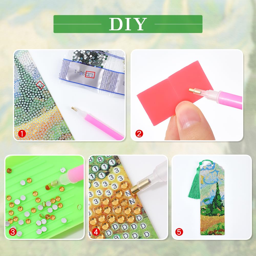 icceemee 4 pcs Oil Painting Themes Diamond Painting Bookmarks, DIY Diamond Art Kits for Adults, Book Corner - Protecting Bookmark Craft Supplies Kits for Book Lovers