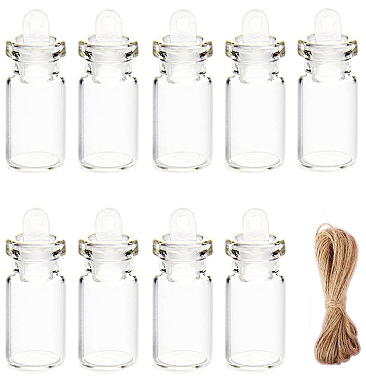 Minsily 100 Pcs 1ml Mini Small Glass Bottles with Plastic Stopper 20m Twines Clear Tiny Jar Small Glass Vials Wishing Bottle Charm Vials Arts Crafts Bottles DIY Decoration Wedding Party Favors Gifts