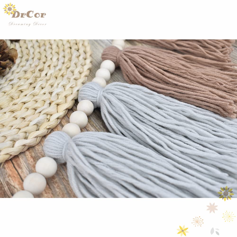 DrCor Neutral Boho Tassel Garland – Handmade Cream, Brown & Gray Yarn Banner for Nursery, Baby Shower, Birthday Party, Rustic Farmhouse Wall Hanging & Warm Cozy Home Decor