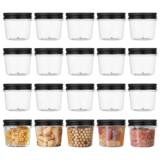 novelinks 4 oz Plastic Mason Jars with Lids, 20 Pack Small Containers with Lids 4oz, Slime Containers & Cake Jars & Small Spice Jars for Kitchen Organization (20 Pack,Black)
