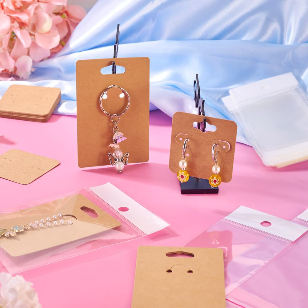 Handship 100Pcs Jewelry Display Cards with 100Pcs Clear Plastic Bags Square Paper Earring Necklace Card Holder Rectangle Keychain Display Cards for Selling Jewelry Packaging Supplies, BurlyWood