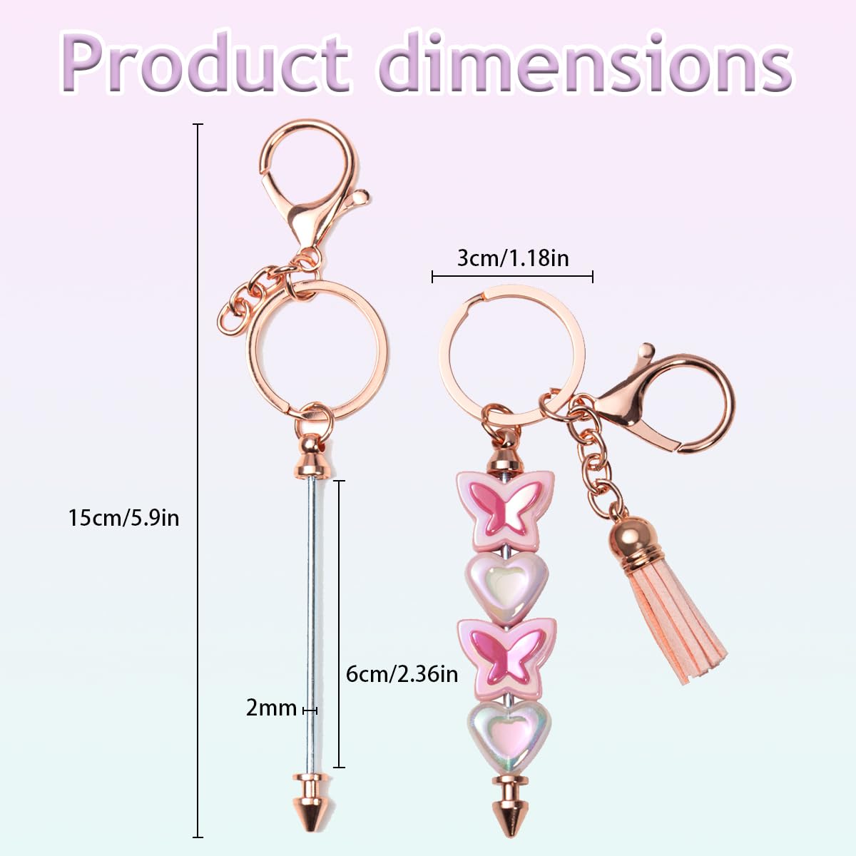 40 Pcs Beadable Keychain Bar, Golden-Pink Beaded Keychain for Pendant DIY and Colorful Leather Tassel Loose, Alloy Keychain Accessories Bulk for Keychain Supplies Jewelry Making Gift (Gold-Pink)