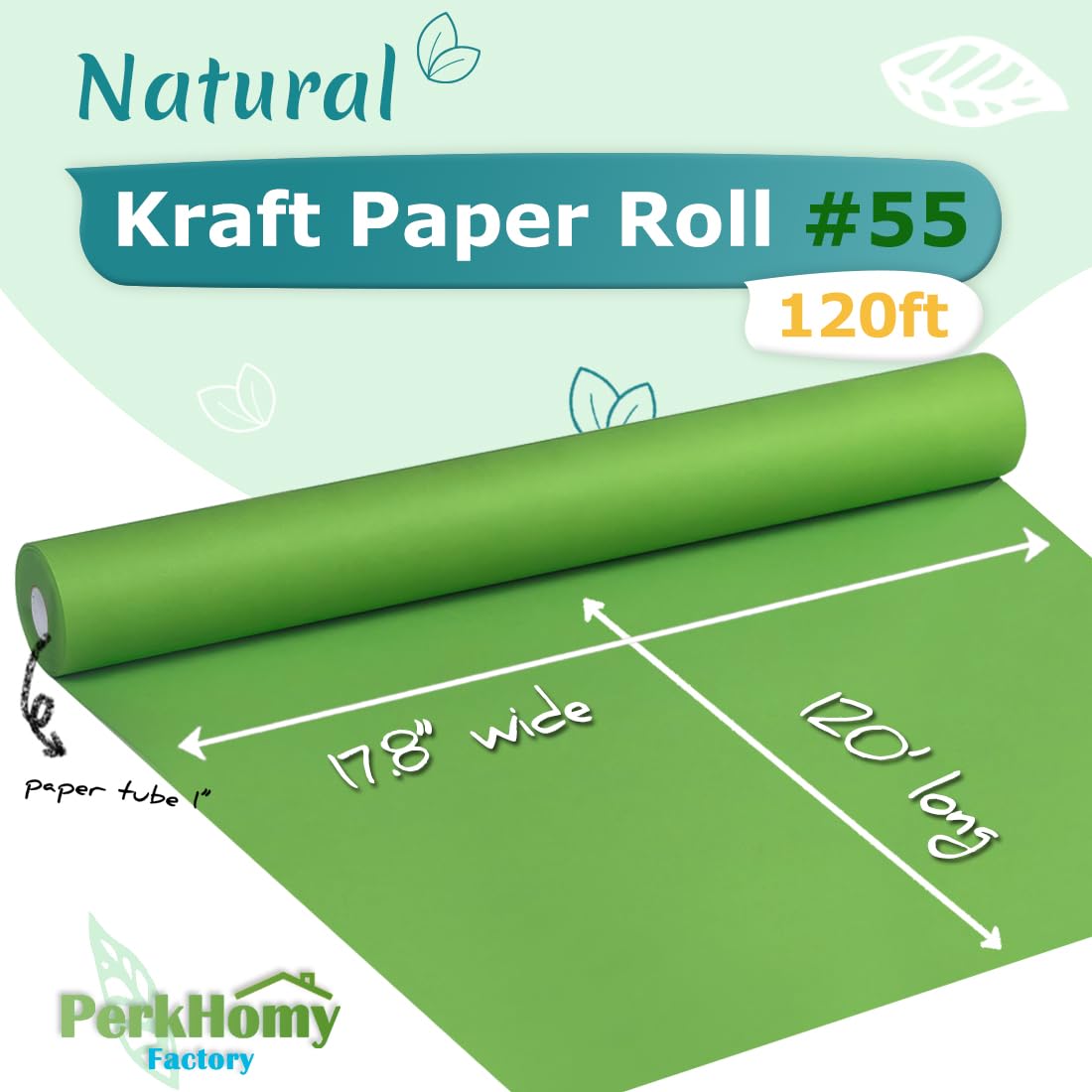 PerkHomy 17.8" x 1,440" (120') Medium Green Kraft Paper Roll for Craft Bulletin Board Paper Art Table Covering Crafting Gift Wrapping Bouquet Packing Parcel 80GSM (Medium Green, 17.8" x 120')