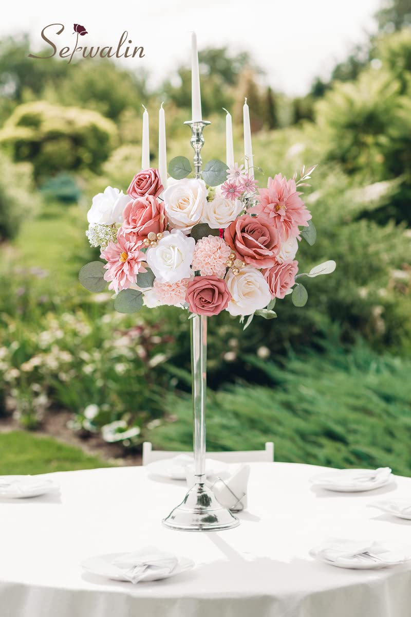 Serwalin Artificial Flowers Wedding Pink Flowers Silk Fake Dahlia Cake Flowers for Wedding Bouquets Table Centerpieces Birthday Party Bridal Baby Shower Home Decorations
