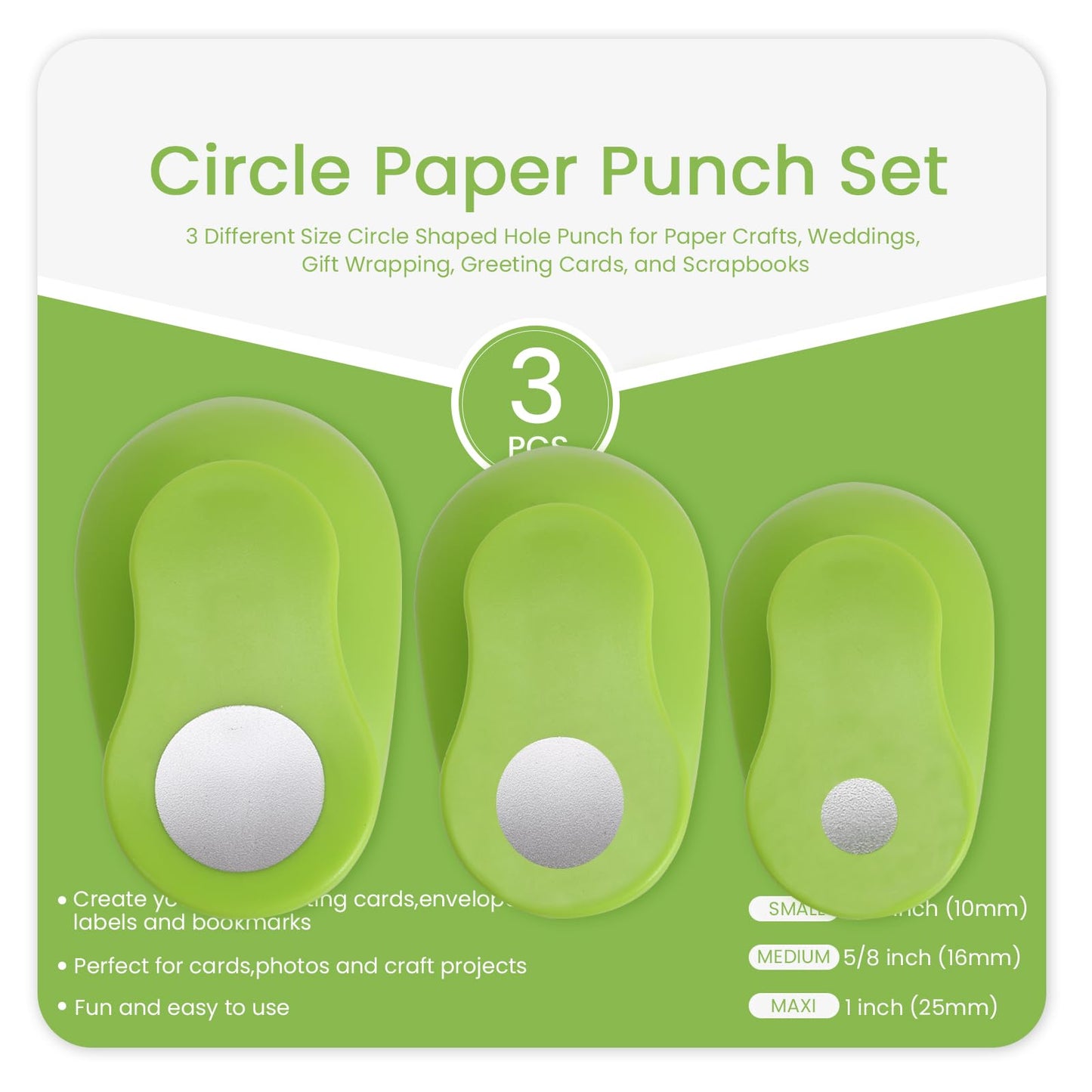 HAUSTGO 3PCS Circle Punch Set, 3/8 Inch, 5/8 Inch, 1 Inch Circle Hole Punch Set for Scrapbooking, Card Making, DIY Photo Albums and Homemade Confetti
