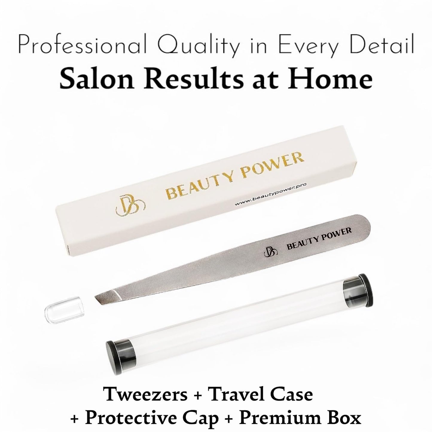 Beauty Power Slant Tip Precision Tweezers - Stainless Steel Eyebrow Tweezers for Women & Men - Precision Tweezers for Facial Hair, Ingrown Hair & Brow Shaping - Professional Beauty Tool (Grey)