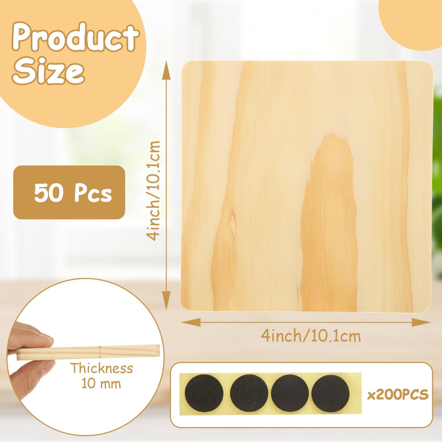 CYEAH 50 Pcs Unfinished Square Wood Coasters, 4 inch Blank Wooden Craft Coasters with Non-Slip Foam Pad Stickers, Wooden Slices for Nature Crafts & Wedding Decoration Painting Wood Engraving