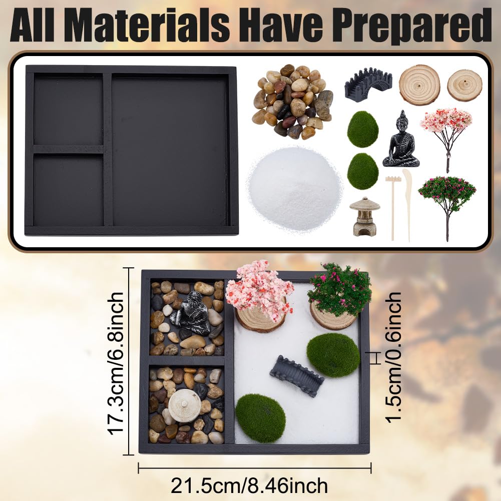 WEBEEDY Mini Zen Garden Kit for Desk, Japanese Mini Sand Box Set DIY Desktop Meditation Set Includes Sand, Buddha Statue & Rake for Home Office Desk Yoga Zen Decor Spiritual Gift, 8.5x6.8 Inch