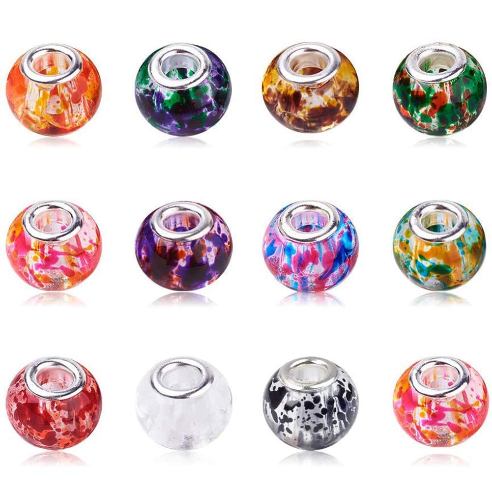 AIPRIDY 100Pcs 15x11mm Painting Murano Large Hole Glass Beads Mix Color with Silver Brass Cores European Charm fit Bracelet Necklace (Paint Splatter Glass)