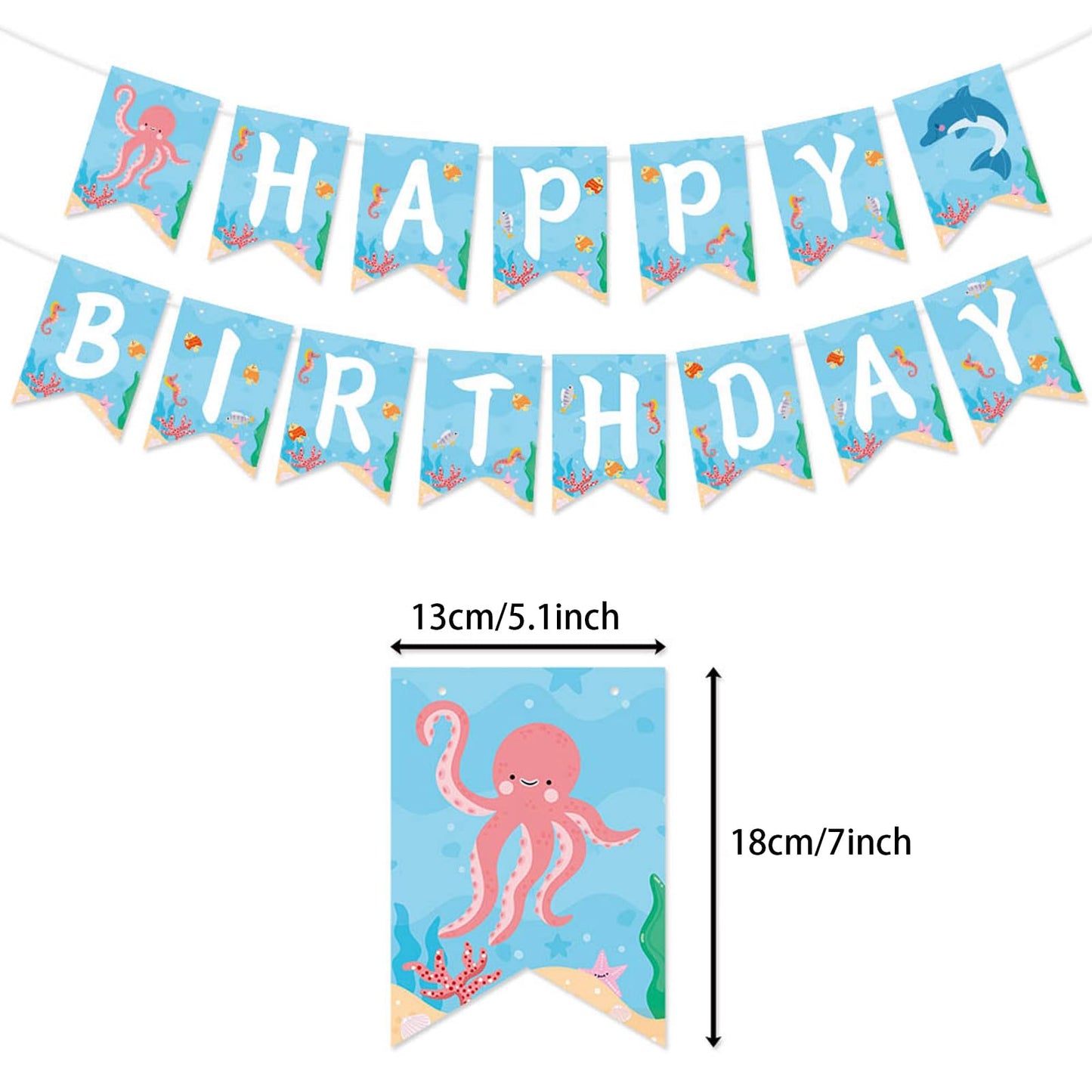 Zwiebeco Sea Animals Happy Birthday Party Decoration Banner Bunting Garland Hanging Paper Swirls Kit for Ocean Under The Sea Animals Marine Life Themed Boys Girls Kids Accessories Supplies