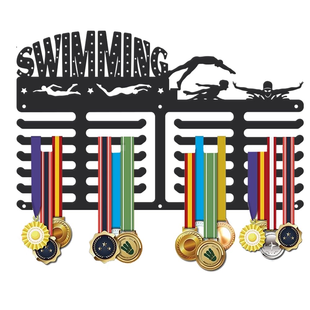 SUPERDANT Swimming Medal Hanger Swim Stars Medals Holder Personalised Award Black Metal Rack Wall Mount Sports Hanging 4 Rows 22 Hangers Non-Slip Hooks Gifts for Man Woman Athletes