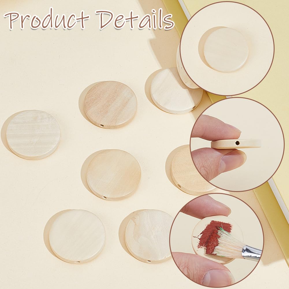 PONABEADIY 30MM 60PCS Unfinished Wooden Beads with Hole Natural Flat Wood Coin Flat Round Circle Macrame Slices Loose Spacer Bead Bulk for Jewelry Making Tassel Garland Home Decor DIY Crafts Supply