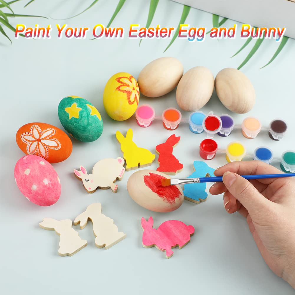 Worgree Easter Egg Painting Kit, 24pcs Wooden Eggs and Bunny for Easter Crafts Basket Stuffers Gifts for Kids Toddlers Boys Girls Ages 4-8 8-12 Birthday Party Favors Classroom Prizes DIY Decor