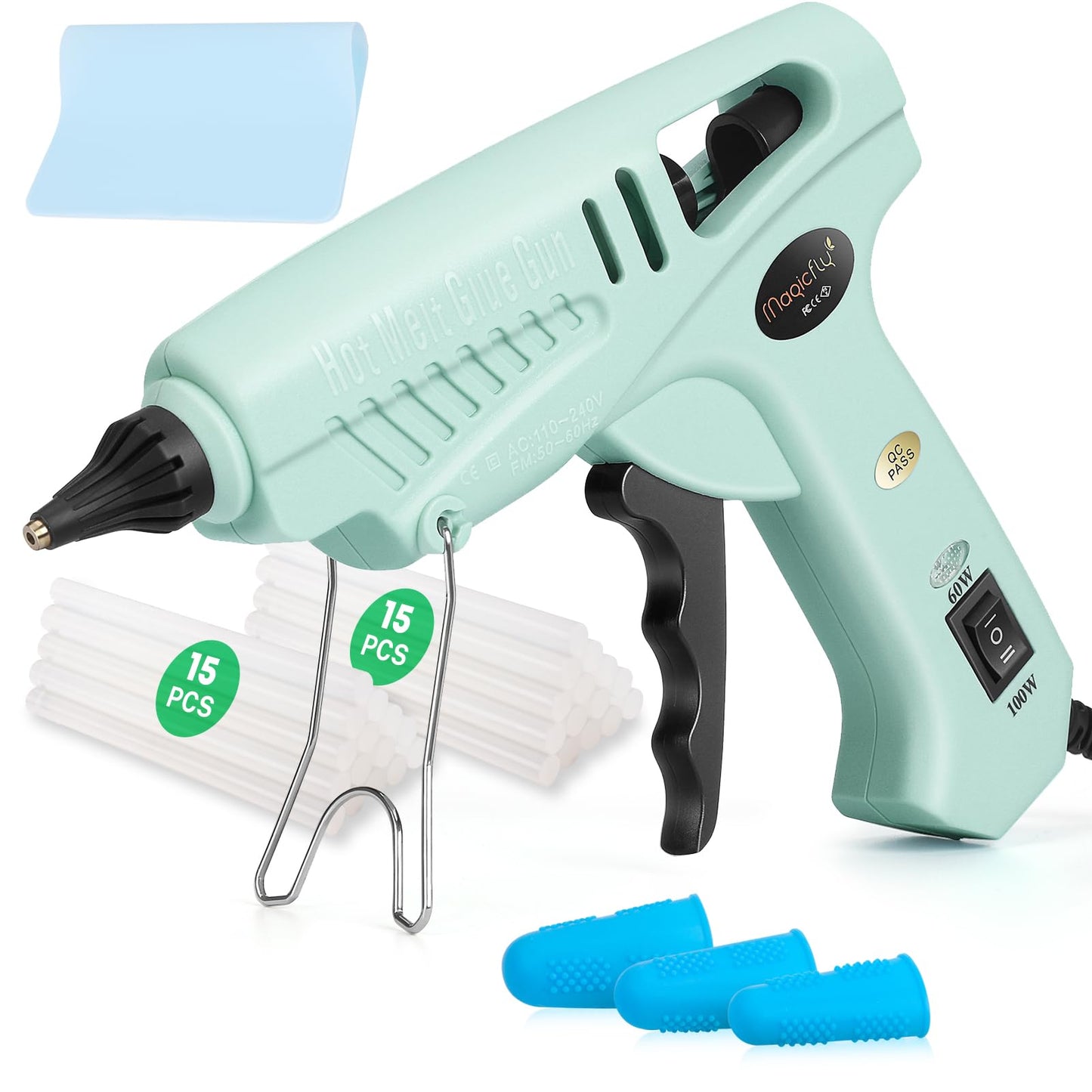 Magicfly 60/100W Hot Glue Gun Full Size with 30 Pcs Hot Glue Sticks (0.43 X 5.9 inch), Dual Power High Temp Melt Glue Gun Kit with Finger Caps, Mat for Arts Craft, Household, Green