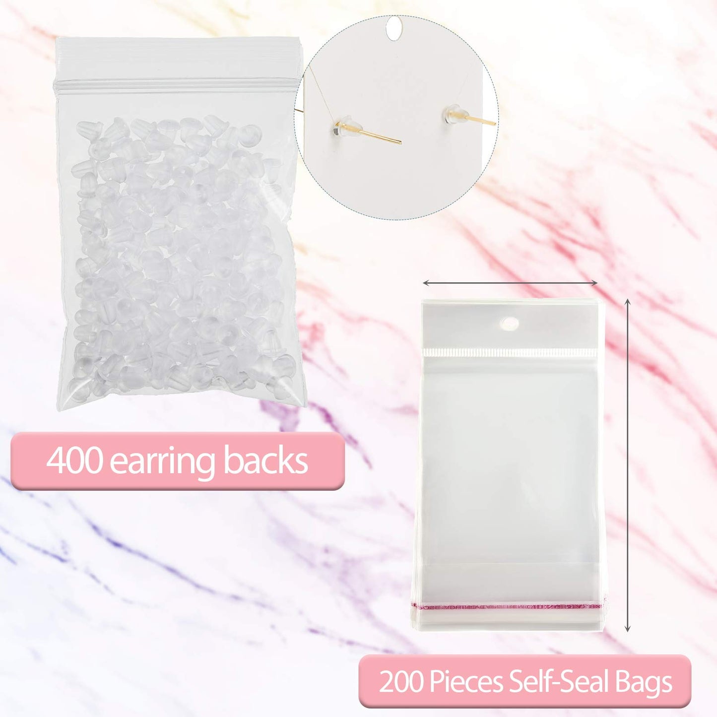 Hicarer 800 Pcs Earring Cards Marble Design Jewelry Display Card Holder Set, 200 Pieces 8 Colors Earring Cards 200 Pieces Self-Seal Bags and 400 Earrings Backs for DIY Jewelry(Classic Style)