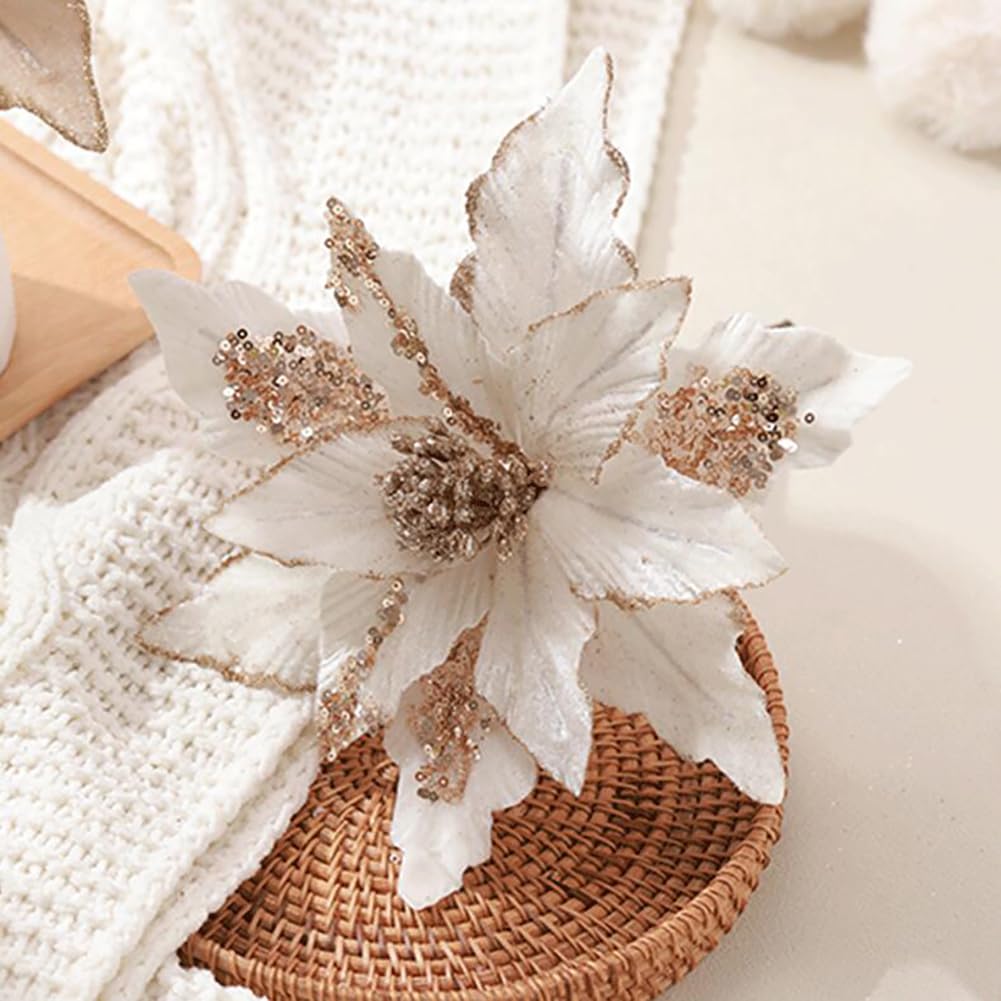 vctops 6 Pcs Christmas Poinsettia Artificial Flowers Shining Glitter Artificial Flower for Xmas Tree Wreath Ornaments New Year Wedding Party Holiday DIY Decoration, White