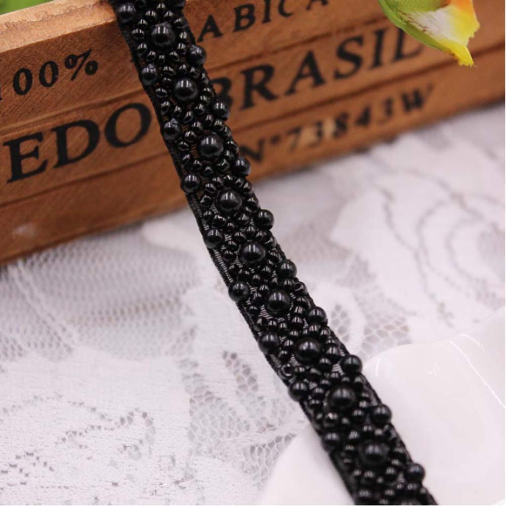 FQTANJU 3 Yards 15mm Width Black Beads Lace Ribbon Applique Pearl Trim Edge Tape for Wedding Party Decoration, Home Deco, DIY Costume Decor