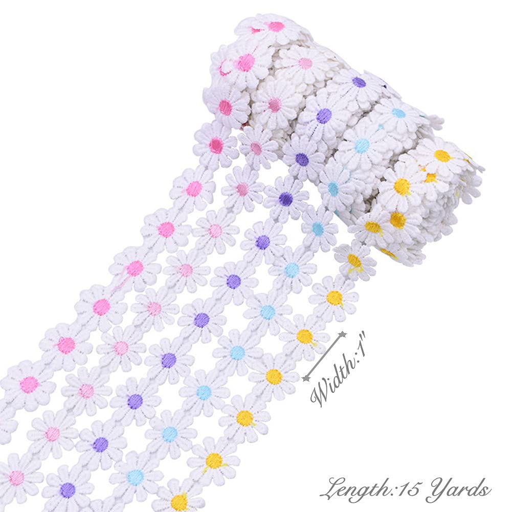 15 Yards 1inch Daisy Lace Trim Flower Applique Lace Ribbon for Gift Wrapping DIY Sewing Craft Wedding Dress Hair Accessories Jewelry Making Dreamcatchers Tassel Embellishment Decorations (Black)
