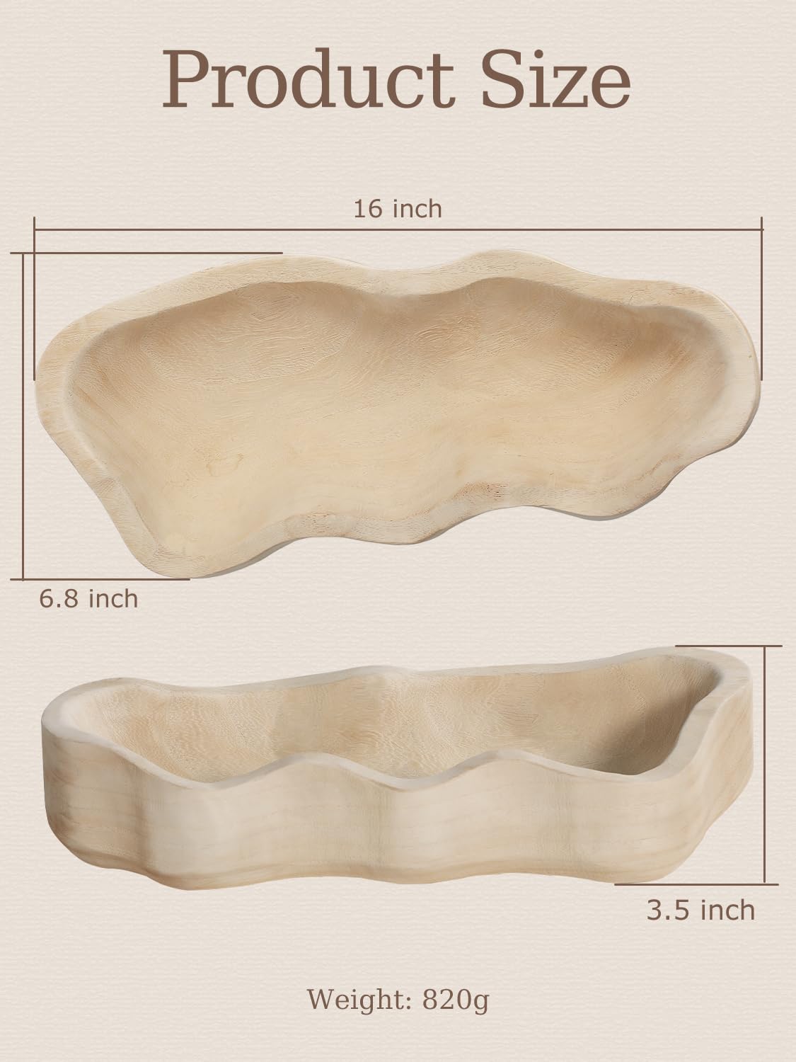 Duseu Large Decorative Bowl 16 Inch, Wooden Dough Bowl, Decorative Wooden Bowl Wavy Live Edge, Rustic Dough Bowls for Decor DIY, Wood Bowls Decorative, Coffee Table Bowl Centerpiece (White)