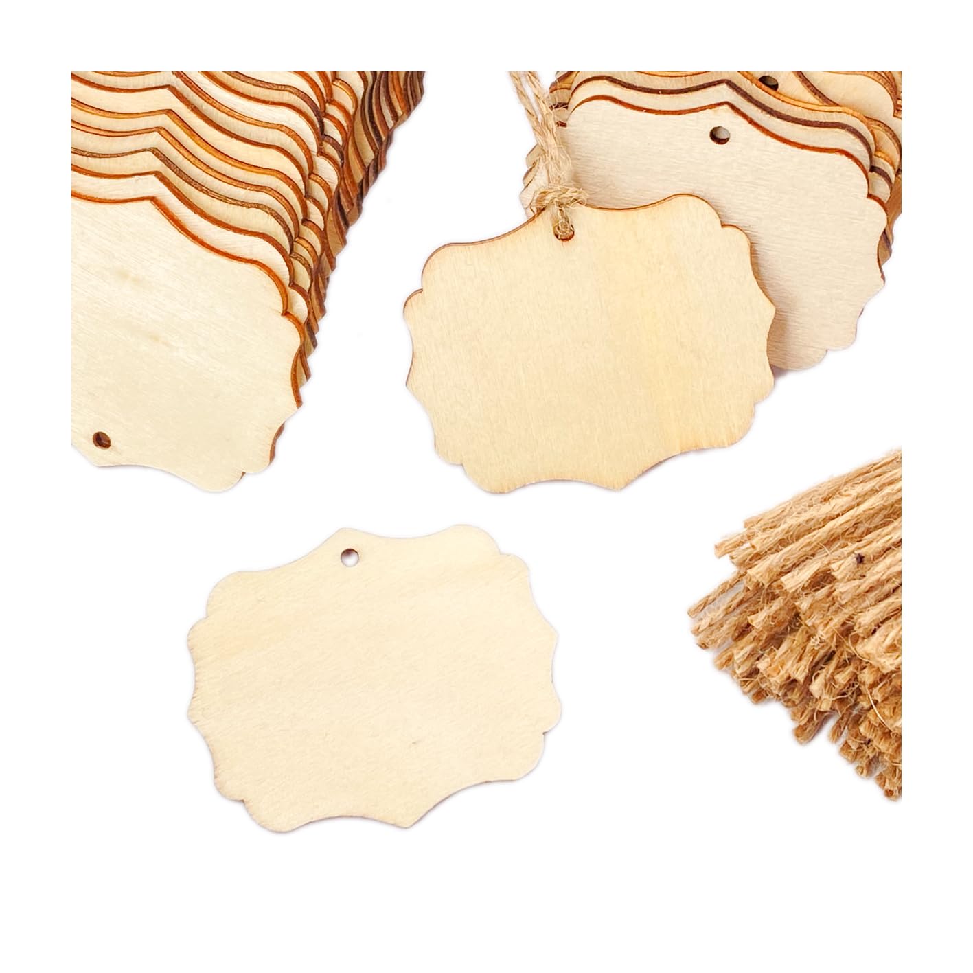 200 Pcs 2.4 Inch Quatrefoil Wooden Tags with Jute Crafts Unfinished Wood Gifts Tags (2.4X 2 in)