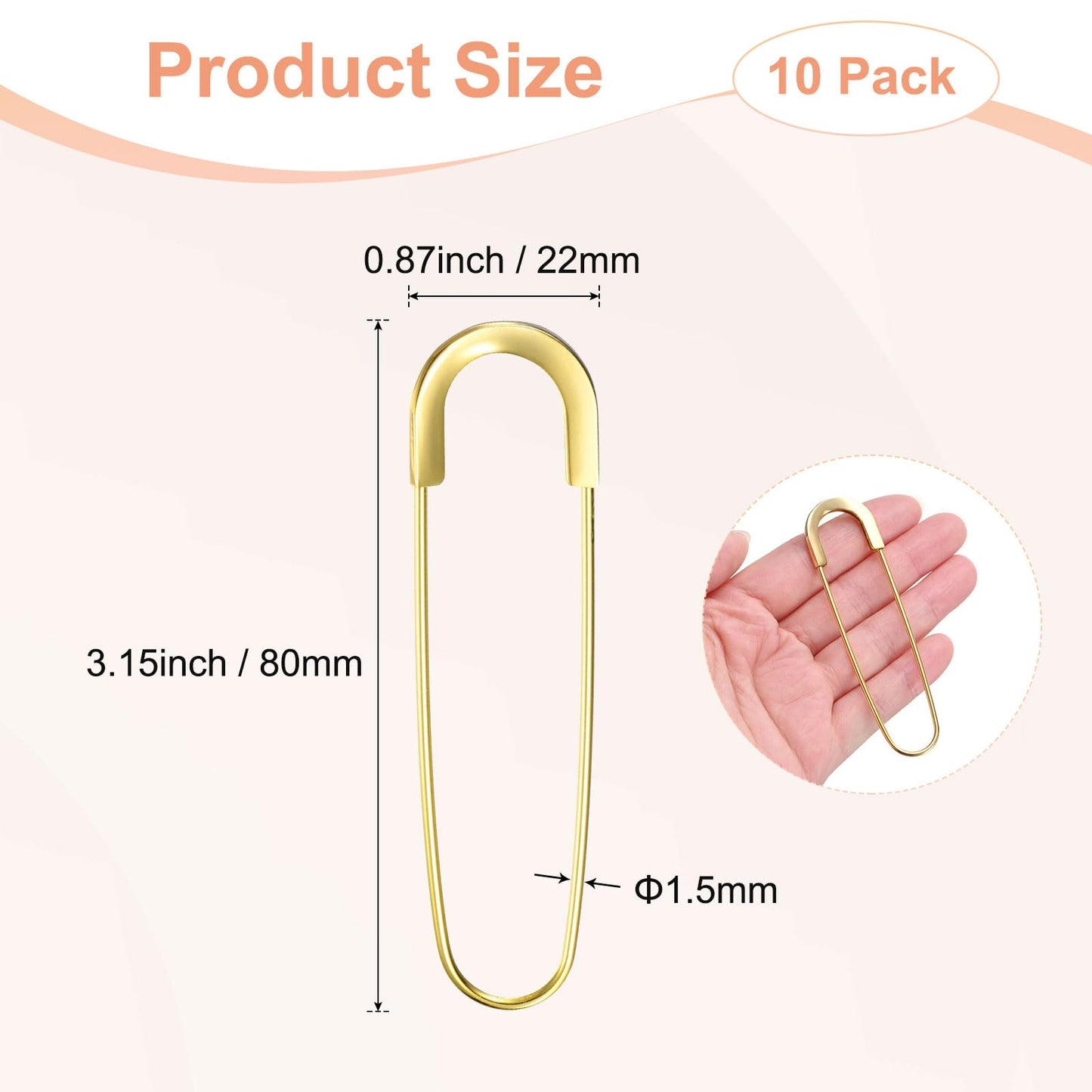 M METERXITY 10-Pack Large Safety Pin, 3.15 in(80mm) Zinc Alloy Heavy Brooch Pin for Sewing Clothes/Costume/Skirts Garments/Craft Supplies, Decorative Safety Pins [Gold Tone]