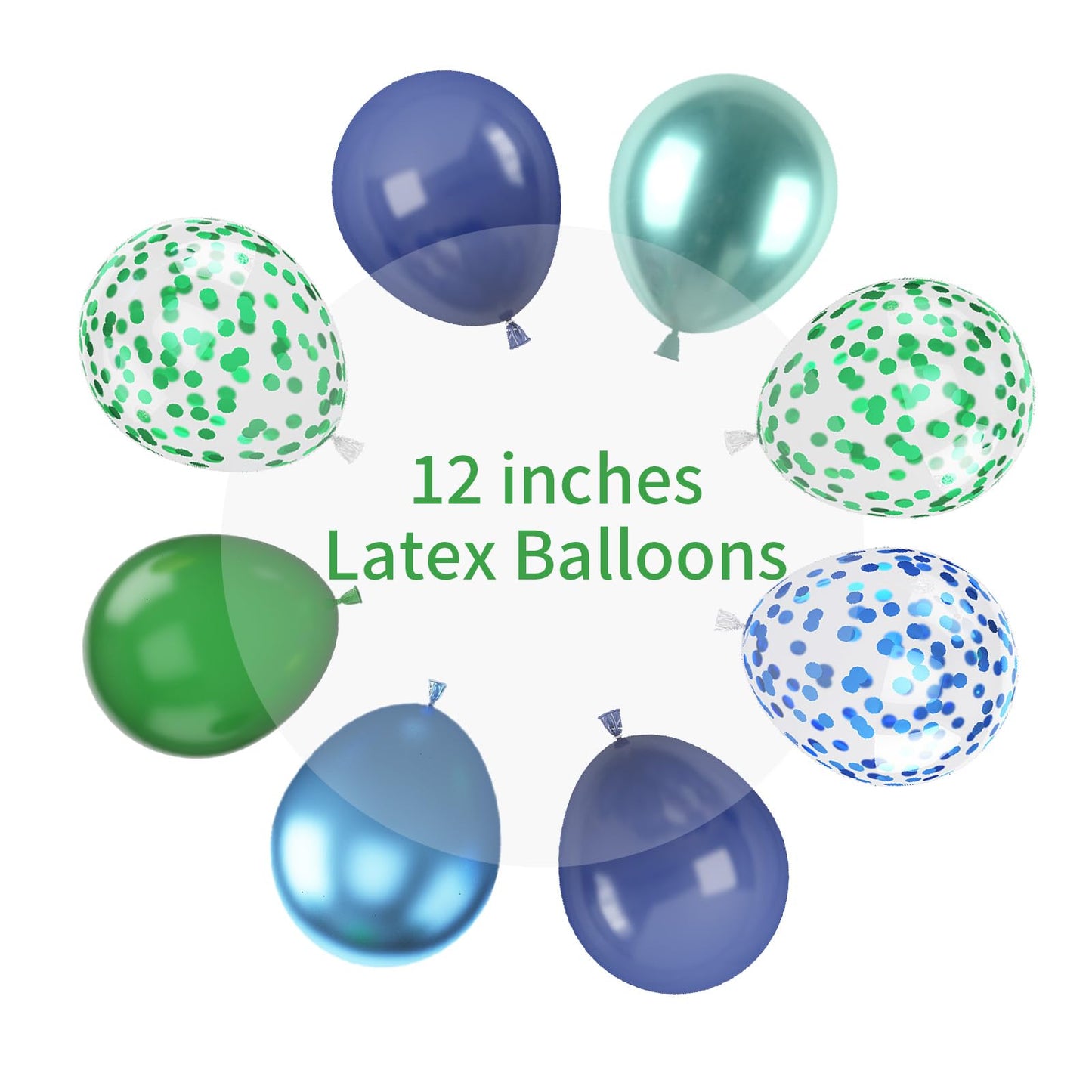 Blue and Green Balloon Set, 12 Inch Navy Blue Dark Green Balloons Metallic Chrome Ballons, Confetti Green Blue Balloons for Jungle Safari Theme Boys Birthday Party Decorations