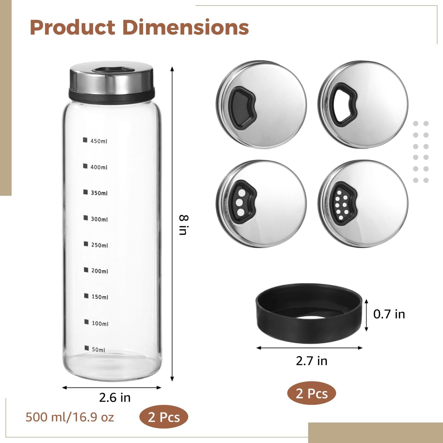 2 Pcs Large Salt and Pepper Shakers, 500ml Glass Spice Bottles with Adjustable Pour Holes, Spice Dispensers with Non-Slip Silicone Bases, Seasoning Jars with Rotating Steel Lids for