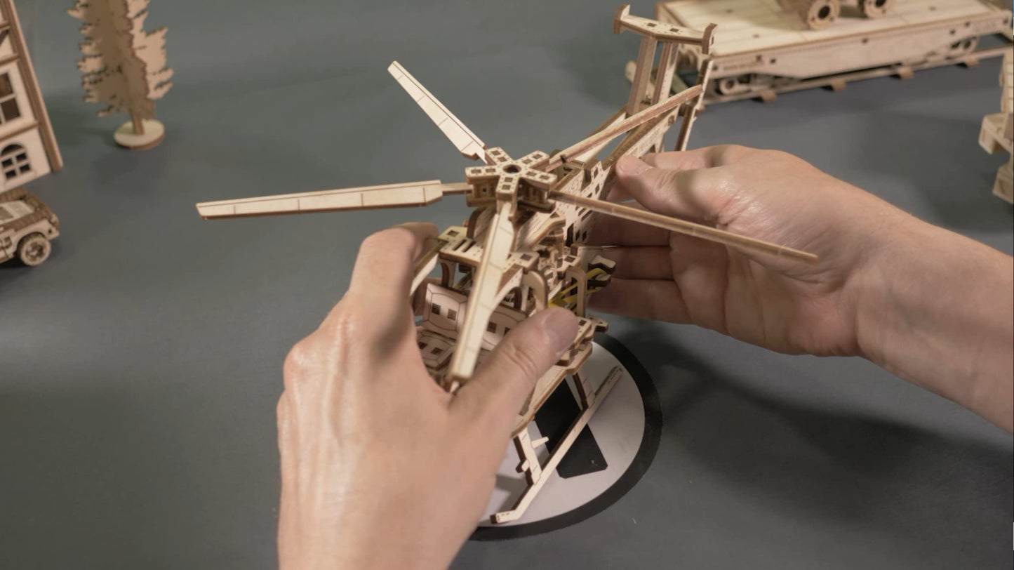 WOODEN.CITY Helicopter 3D Wooden Puzzle – Wooden Model Kit for Adults, 173-Piece Mechanical Helicopter with Working Rotor, DIY Aircraft Model, Made in EU