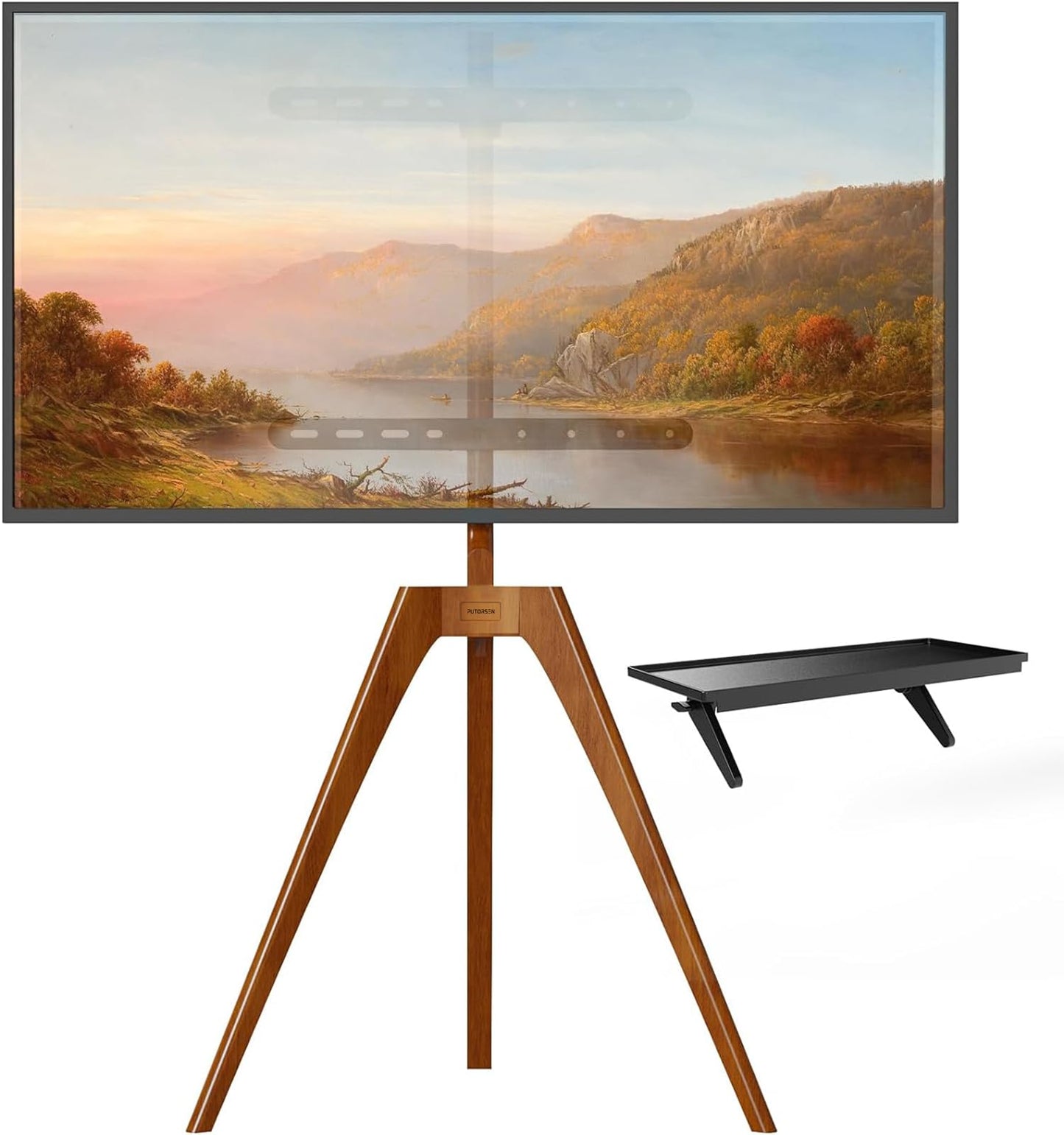 PUTORSEN Premium Wood Easel TV Stand, Adjustable TV Tripod Stand for 45-65 Inch LED LCD Screen, with Top TV Shelf and Magnetic Concealed Cable Management, Max Load 88lbs, Walnut