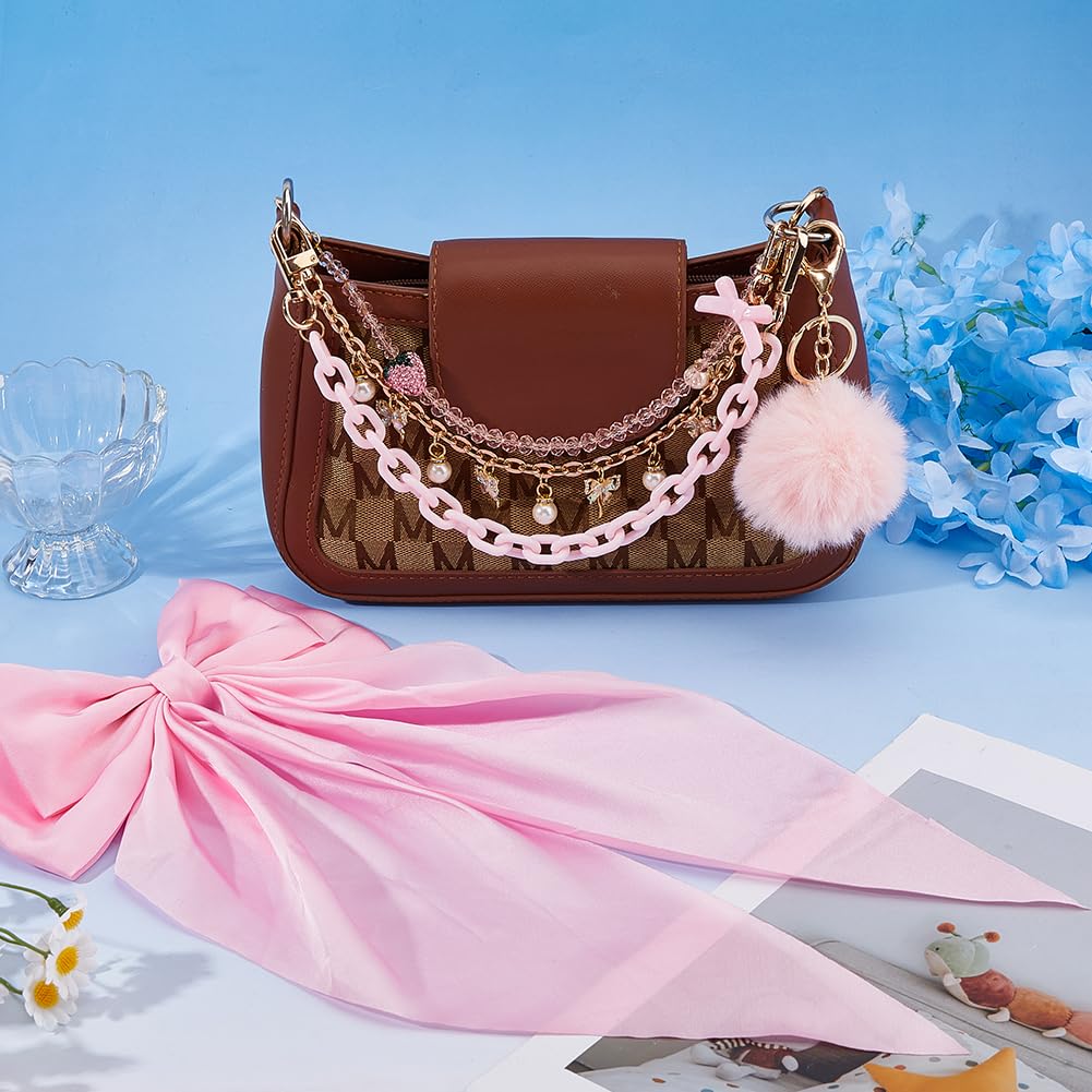 TNKBREEZE Tote Bag Decoration Kit Bag Charms for Tote Bags Pearl Purse Chain with Pink Bowknot Embellishments and Pom Pom Keychain for Women Compatible with YETI Beach Handbag