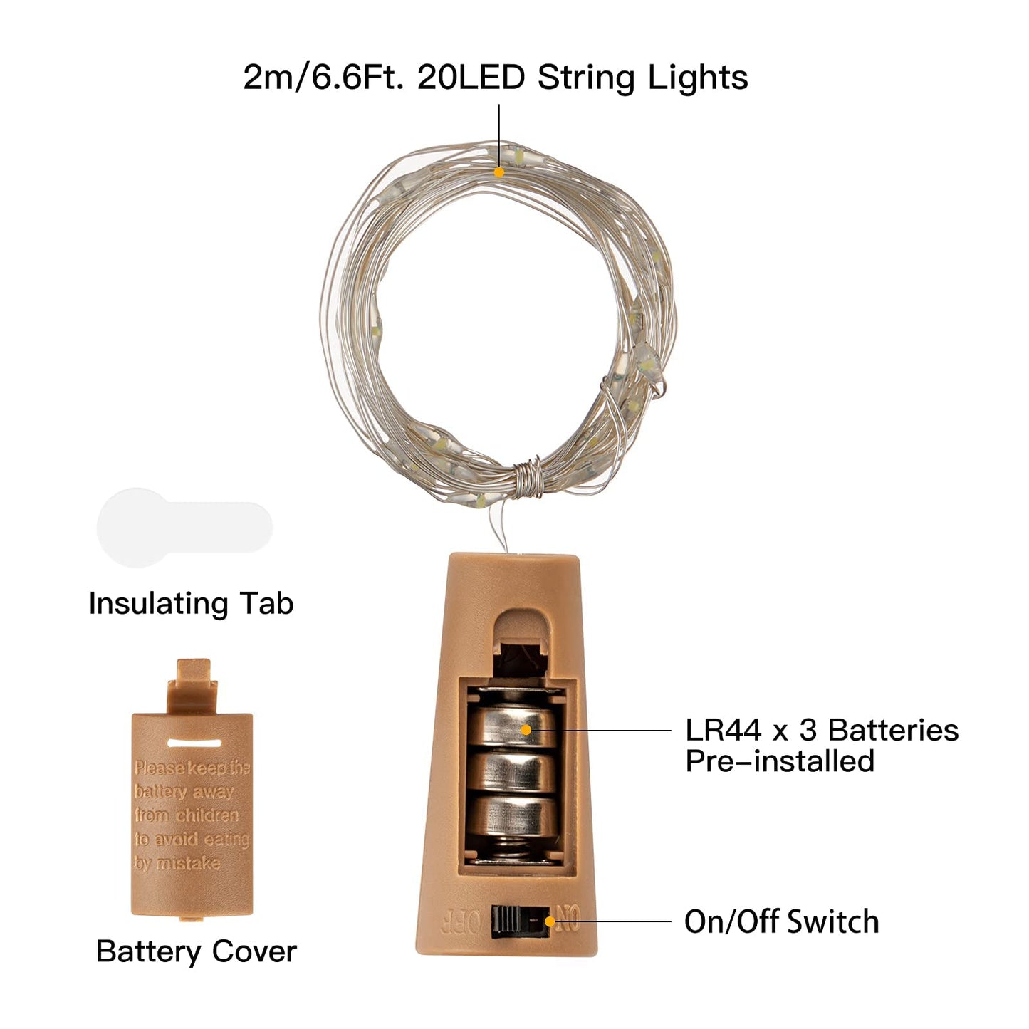 Brightown Wine Bottle Lights with Cork, 20 Pack 20 LED Waterproof Battery Operated Cork Lights, Silver Wire Mini Fairy Lights for Liquor Bottles DIY Party Bar Christmas Holiday Wedding Décor