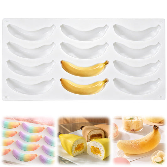 Palksky Banana Silicone Molds, 12 Cavity 3D Banana Shape Baking Mold for Chocolate, Cake, Dessert, Pudding, Bread, Ice Cube, Non-Stick Fruit Pastry Molds