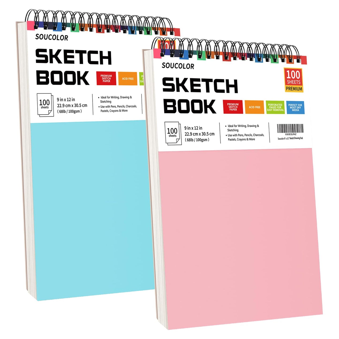 Soucolor Art Supplies Sketching Kit with 100 Sheets 2 Pack Sketchbook, Girl Gifts, Arts and Crafts for Kids Ages 8-12, School Supplies 9x12 Sketch Book Gifts for Kids Teens（Blue and Pink ）