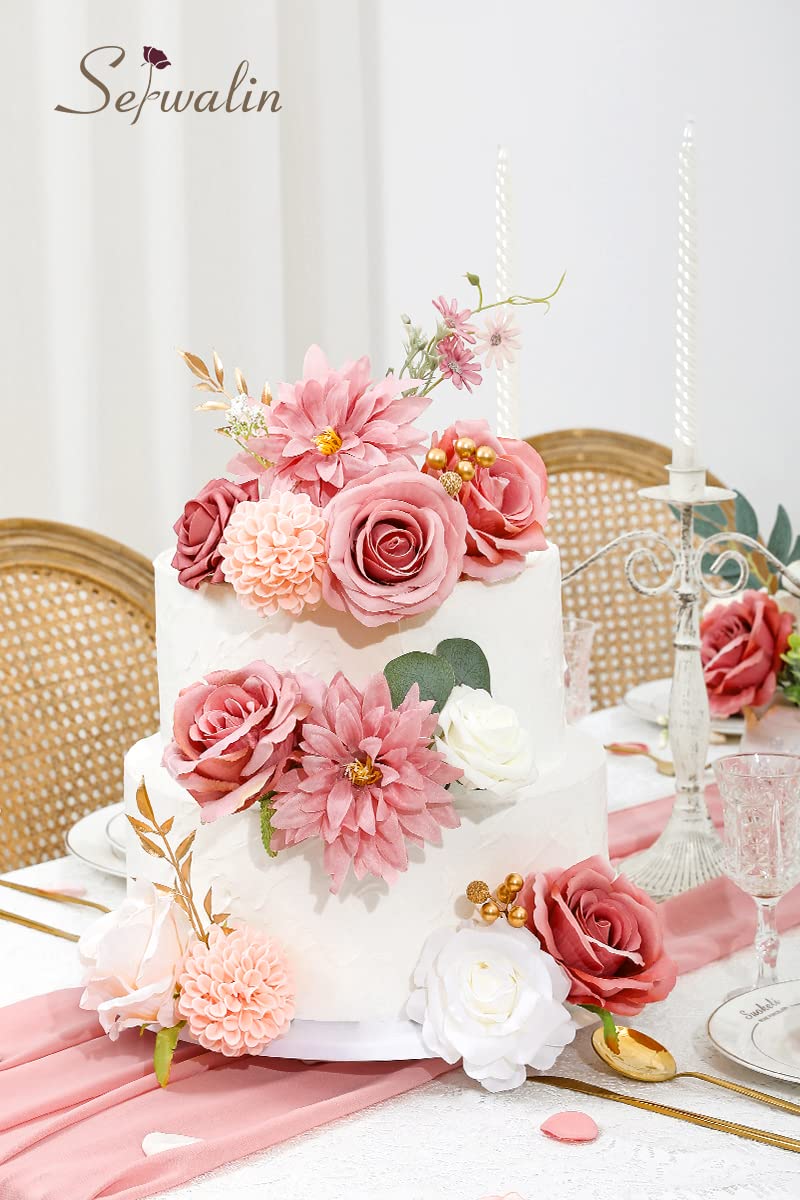 Serwalin Artificial Flowers Wedding Pink Flowers Silk Fake Dahlia Cake Flowers for Wedding Bouquets Table Centerpieces Birthday Party Bridal Baby Shower Home Decorations