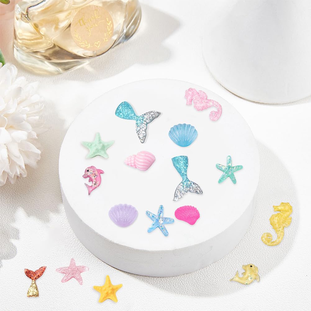 SUNNYCLUE 1 Box 80Pcs 9 Styles Animal Cabochons Colorful Sea Ocean Animals Charms Fish Tail Mermaid Dolphin Resin Cabochon Flatback for Scrapbooking Adult Women DIY Jewelry Crafts, Random Style