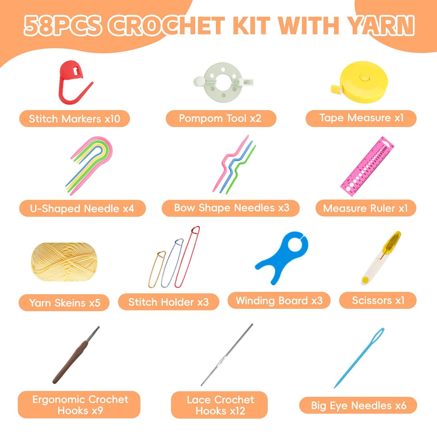 58pcs Crochet Kit Beginners, Crochet Hook Set with Yarn, Portable Crocheting Kit for Starter, Ergonomic Crochet Needles Tools DIY Knitting Accessories for Experienced Crochet Lovers, Flamingo