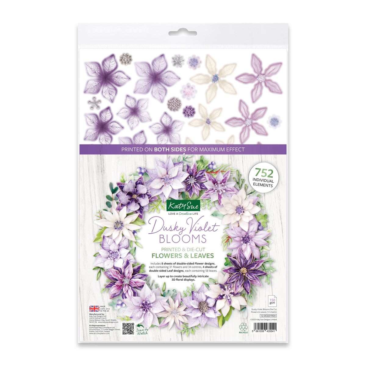 Katy Sue Dusky Violet Blooms, Die Cut Flowers & Leaves Pack. 12 Sheets of Pre-Cut Double-Sided Paper Flowers & Leaves in a Purple Colorway from Card Making Supplies. UK-Made.