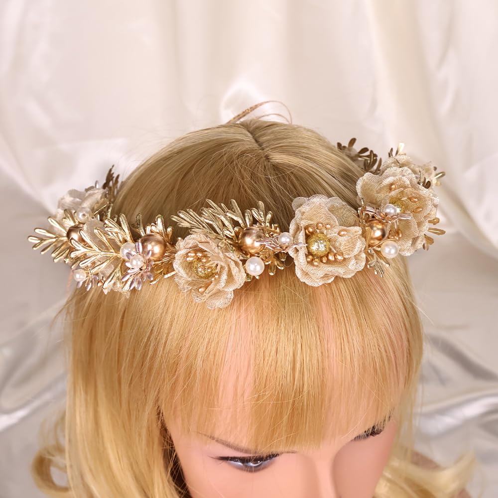 yuruyi Adjustable Flower Crown Headband for Women - Floral Garland Hair Wreath with Crystal Accents Perfect for Weddings Flower Wands Photo Props (Gold Flower Pearl, Adjustable)
