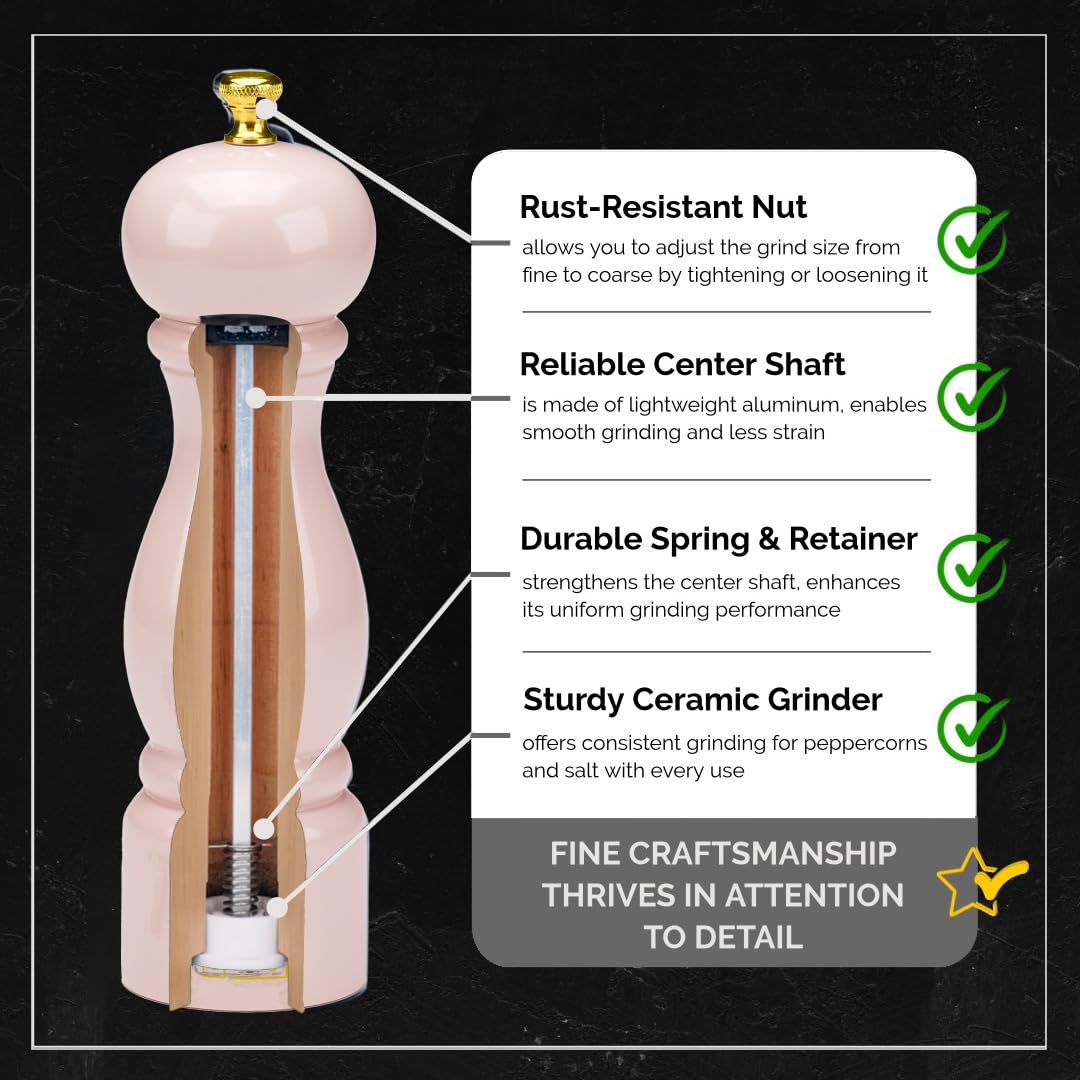 JHuxe Rose Pink Salt Pepper Grinder Mill, 8 Inch Classic Wood Manual Salt Pepper Grinder, Adjustable Wooden Peppermill, Refillable Pepper and Salt Mill, Best Mama's Day Gifts for Mom from Daughter Son