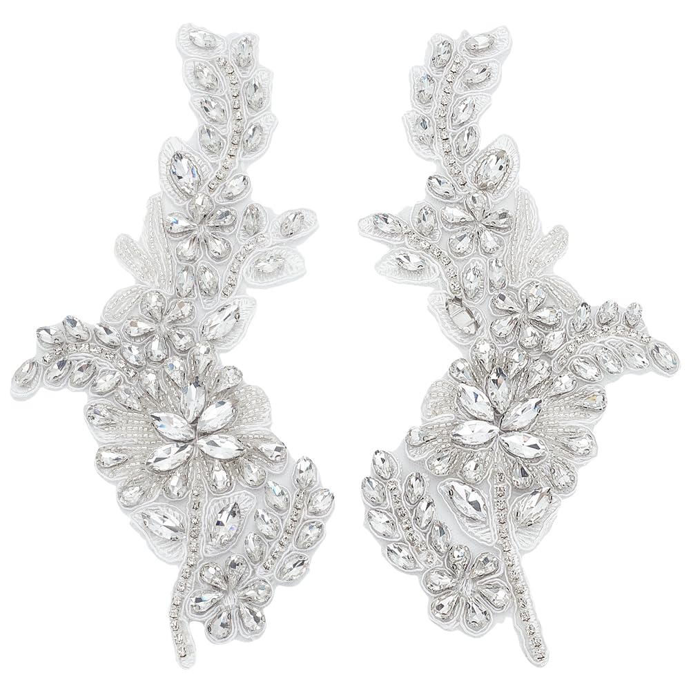 FINGERINSPIRE 2 PCS Handmade Beaded Crystal Patches Sparkly Sewing Floral Rhinestone Lace Applique Patch Clear Glass Rhinestones Embroidery Lace Patches for Wedding Dress Decoration Clothes Accessory