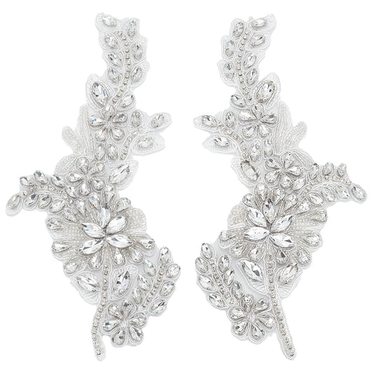 FINGERINSPIRE 2 PCS Handmade Beaded Crystal Patches Sparkly Sewing Floral Rhinestone Lace Applique Patch Clear Glass Rhinestones Embroidery Lace Patches for Wedding Dress Decoration Clothes Accessory