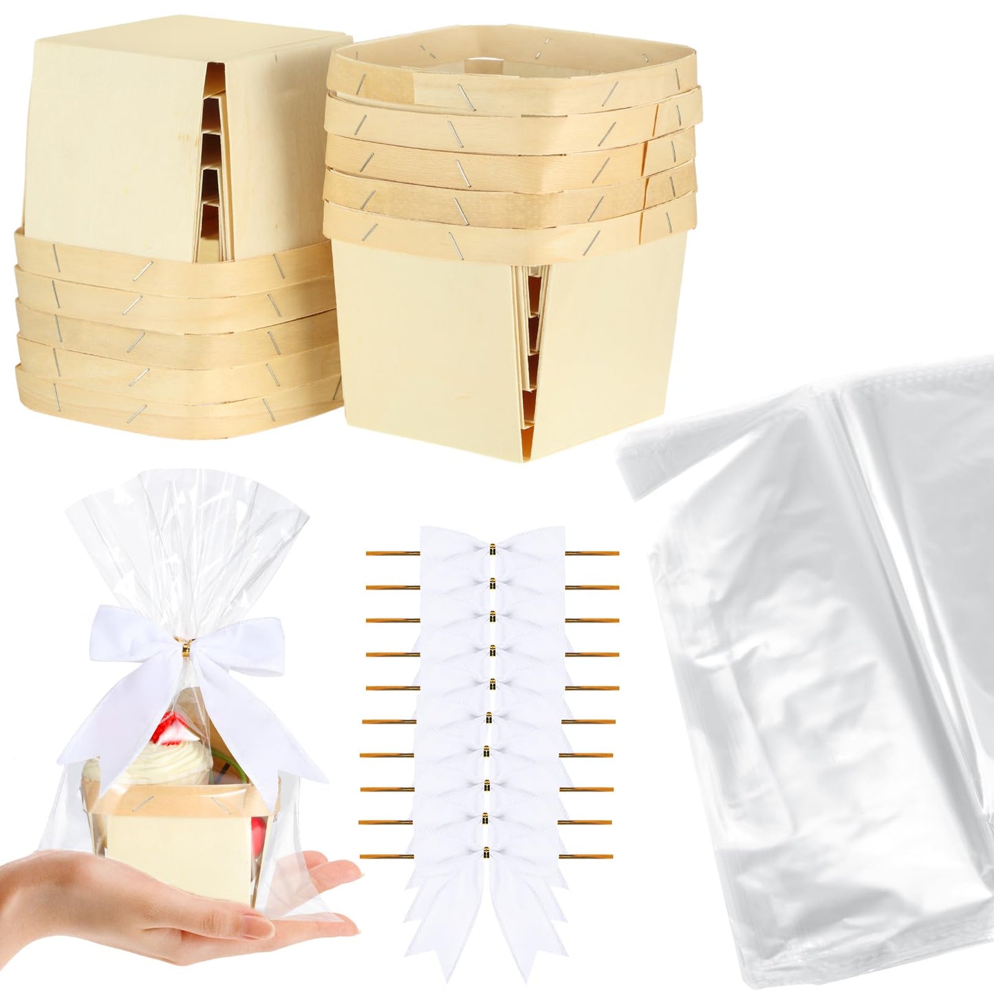 Yerliker 10 Set Wooden Mini Baskets for Gifts Bulk Empty Small Baskets Berry Basket Bows Clear Treat Bags for DIY Picking Wedding Birthday Baby Shower(4 Inches,Velvet,White)
