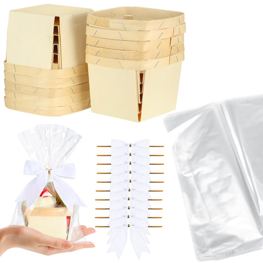 Yerliker 10 Set Wooden Mini Baskets for Gifts Bulk Empty Small Baskets Berry Basket Bows Clear Treat Bags for DIY Picking Wedding Birthday Baby Shower(4 Inches,Velvet,White)