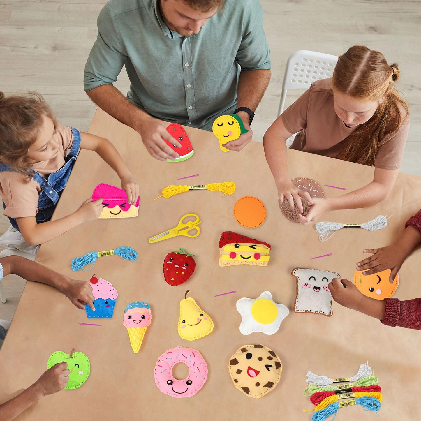 ZOIIWA 16 Sets Food Themed Sewing Kit for Kids Fun Craft for Boy Girl Age Felt Fruit Plush Craft Kit Learn to Sew Educational Beginners Sewing Stuffed Ornament for Back to School Birthday Party Gift