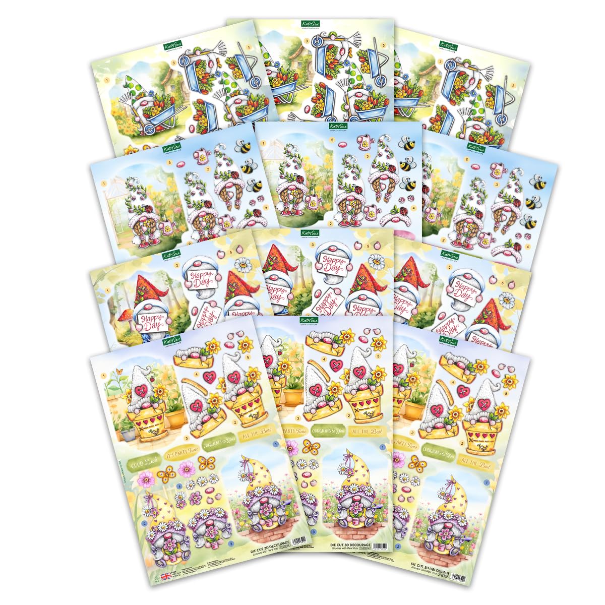 Katy Sue Garden Gnomes Die-Cut Decoupage Pack. 12 Sheets of Gnome, Gonk & Garden-Themed Die Cuts for Card Making Supplies with Sentiments & Card Toppers on 150 GSM Paper. UK-Made.