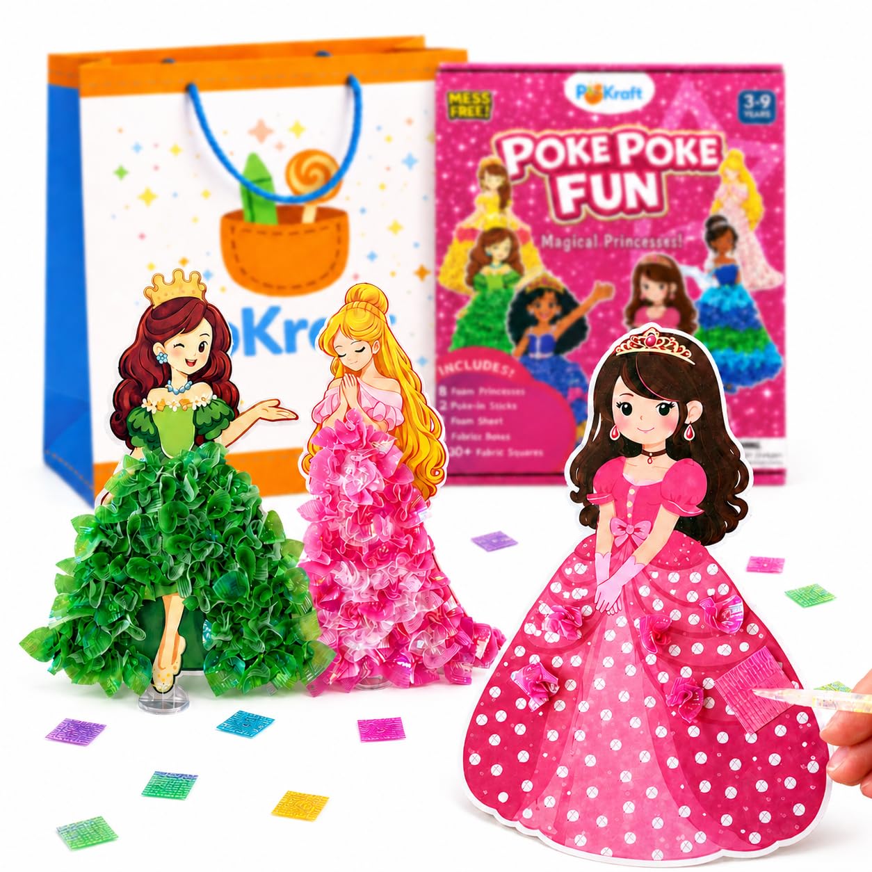 PoKraft Magical Princesses Poke Art, Paper Craft Kit with Gift Bag, Mess-Free Fun for Kids 3-9, Colorful DIY Activity Toys Games, Perfect Birthday Gifts for Girls, Builds Fine Motor Skills