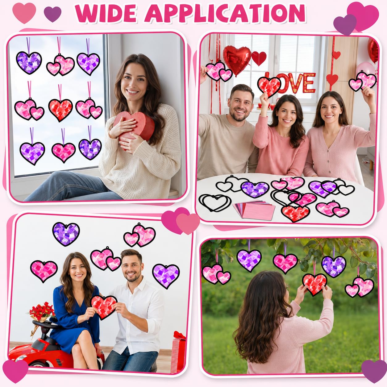 Qyeahkj 36 Set Valentine's Day Suncatchers Crafts for Kids DIY Valentines Day Love Heart Window Tissue Paper Craft Kit Hanging Decor for Classroom Home Activity Art Project Birthday Party Favor Gift