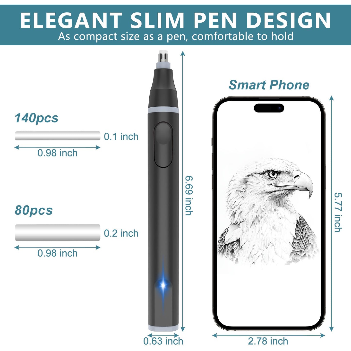 Foyucool Electric Eraser, USB C Rechargeable Pencil Eraser with 220 Eraser Refills, 2 Eraser Sizes, Comfort Grip Art Eraser for Drawing, Ideal for Artists, Students, Sketch, Engineers, Black